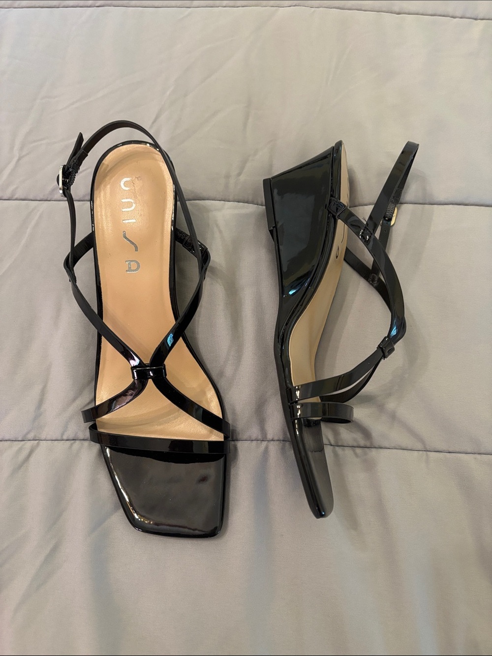 Unisa Black Patent Strappy Slingback Wedge for dressing up or casual outings!